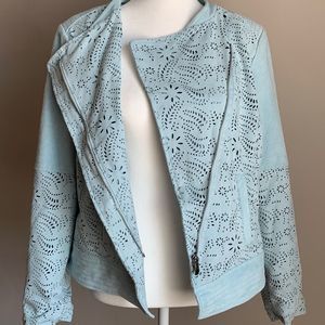 Chicos Jacket Bomber Coat Blue Womens Size 0 Small Moto Zip Faux Suede Spring